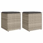 Tuinkrukken met kussens 2 st 40x40x43 cm poly rattan lichtgrijs
