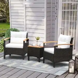 3-delige Rotan Tuinmeubelset Rotanmeubel met 2 Stoelen en 1 Bijzettafel Tuinset Tuingarnituur Zitgroep Bruin/Wit