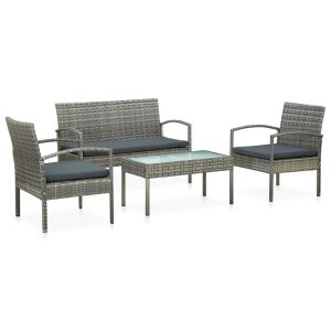 4-delige Loungeset met kussens poly rattan grijs
