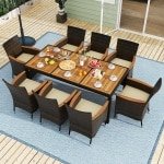 9-delige Rotan Zitgroep voor 8 Personen Tuinmeubelen Tuintafel met Stapelbare Stoelen & Acacia-tafelblad Tuinset Buiten Bruin