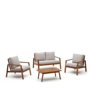 Kave Home Loungeset Frares Acaciahout, Met 2-zits Bank, 2 fauteuils en salontafel - Beige