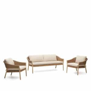 Kave Home Loungeset Pola Eucalyptushout en rattan, Met 2-zits Bank en 2 fauteuils - Beige