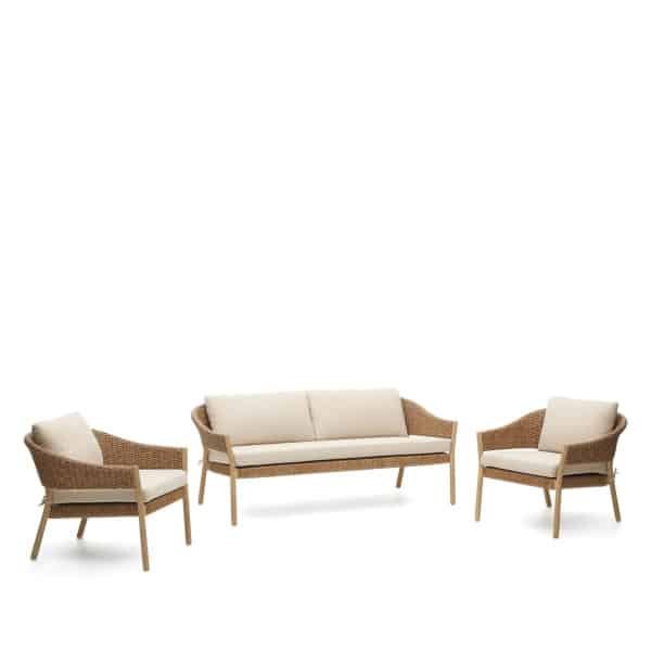 Kave Home Loungeset Pola Eucalyptushout en rattan, Met 2-zits Bank en 2 fauteuils - Beige