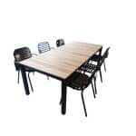 Tuinset Arashi tafel black, teak 220x90 cm met 4 stoelen Tomo stoel black kussens - Yoi