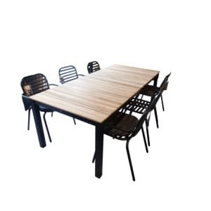 Tuinset Arashi tafel black, teak 220x90 cm met 4 stoelen Tomo stoel black kussens - Yoi