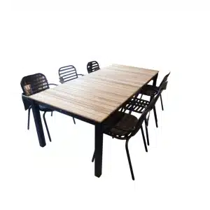 Tuinset Arashi tafel black, teak 220x90 cm met 4 stoelen Tomo stoel black kussens - Yoi