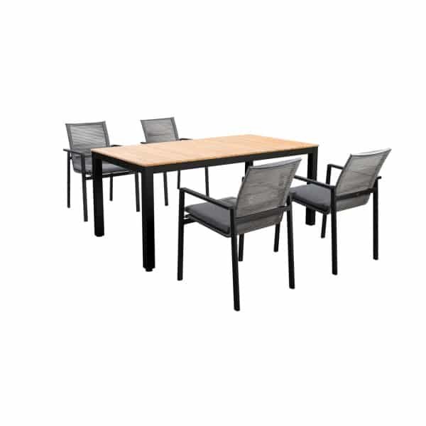 Tuinset Arashi tafel dark grey, teak 169x90 cm met 4 stoelen Vedella stoel dark grey, rope dark grey inclusief kussens - Yoi