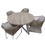 Tuinset Dylan tafel Linen, teak dia. 140 cm met 4 stoelen Bara stoel salix, rope salix, flax beige AW - Yoi