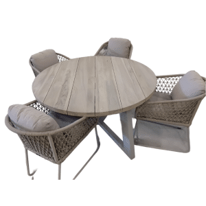 Tuinset Dylan tafel Linen, teak dia. 140 cm met 4 stoelen Bara stoel salix, rope salix, flax beige AW - Yoi