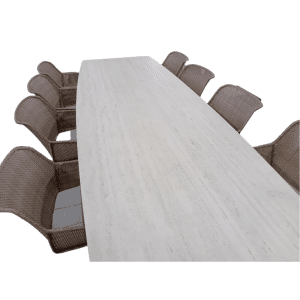 Tuinset Julia tafel alu linen, dekton marmorio 320x100 cm met 8 stoelen Daley stoel linen, linen inclusief light grey kussen - Yoi