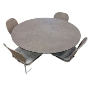 Tuinset Sashimi tafel salix dia. 130 cm met 4 stoelen Ferron stoel linen inclusief light grey kussen - Yoi