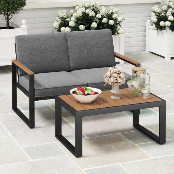 2-Delige Tuinset met Tweezits Salontafel Aluminium Tuinmeubelset met Armleuningen en Hout-Kunststof Top Beklede Bank Grijs
