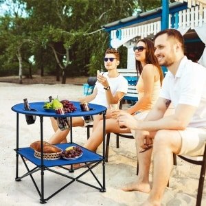 2-Laags Opvouwbare Kampeertafel met Draagtas en 4 Bekerhouders voor BBQ en Kamperen 72 x 59 cm