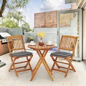 3-delige Opklapbare Bistroset van Acaciahout Tuinset met Kussens Buitenterrasmeubelset met Tafel en 2 Stoelen voor Balkon Tuin