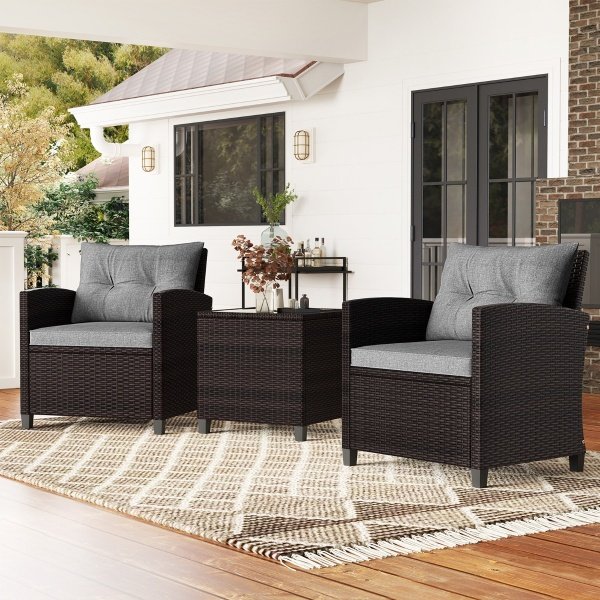 3-delige Tuinset Rotan Bistroset met 2 Stoelen en 1 Tafel met Gehard Glazen Blad en Kussens Loungeset voor Balkon Tuin Terras