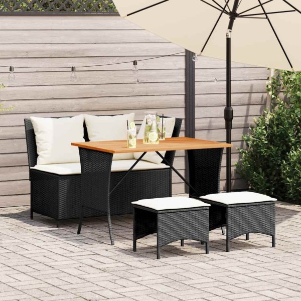 4-delige Tuinset met kussens poly rattan zwart