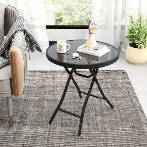 Bijzettafel Inklapbaar Kleine Klaptafel Weerbestendige Tuintafel Ronde Balkontafel met Tafelblad van Gehard Glas voor Balkon Tuin Terras