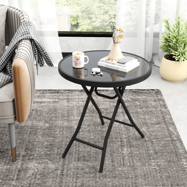 Bijzettafel Inklapbaar Kleine Klaptafel Weerbestendige Tuintafel Ronde Balkontafel met Tafelblad van Gehard Glas voor Balkon Tuin Terras