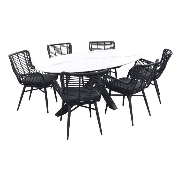 GI Ovale tuinset Scotland marmerlook wit/Jasmine tuinstoel black-7 delig