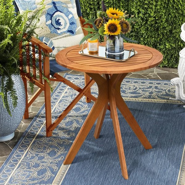 Ronde Acaciahouten Koffietafel met Lattenblad X-vormig Onderstel 70 cm Kleine Bijzettafel voor Tuin Outdoor-bistrotafel Naturel