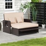 Rotan Bankstel 2-zits Fauteuil met Poef & 2 Bijzettafels Terrasbank met Slaapfunctie Verstelbare Loungeset voor Buiten Balkon