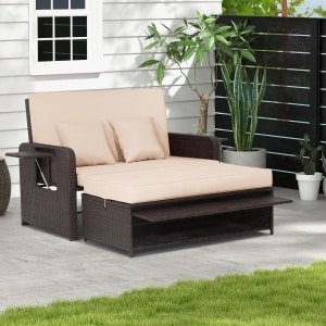 Rotan Bankstel 2-zits Fauteuil met Poef & 2 Bijzettafels Terrasbank met Slaapfunctie Verstelbare Loungeset voor Buiten Balkon