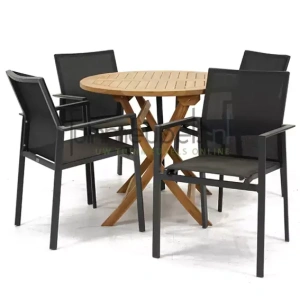 Tuinset Delia zwart stapelbaar met Milton tafel rond 90
