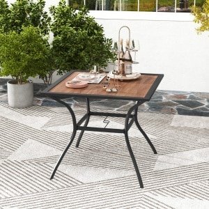 Vierkante Terrastafel voor 4 Personen Bistrotafel met Houten Blad en Stevig Metalen Frame Buitentafel met Verstelbaar Parasolgat