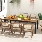 Buiteneettafel voor 8 Personen 200 cm Acaciahouten Terrastafel met Parasolgat Metalen Poten en Verstelbare Voetkussens