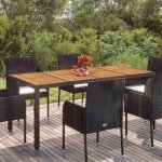 Tuintafel met houten blad 190x90x75 cm poly rattan zwart