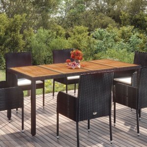 Tuintafel met houten blad 190x90x75 cm poly rattan zwart