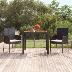Tuintafel met houten blad 90x90x75 cm poly rattan zwart