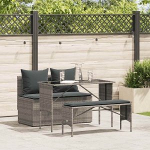 3-delige Tuinset met kussens poly rattan grijs