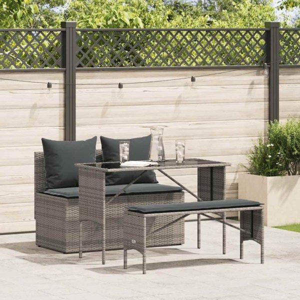 3-delige Tuinset met kussens poly rattan grijs