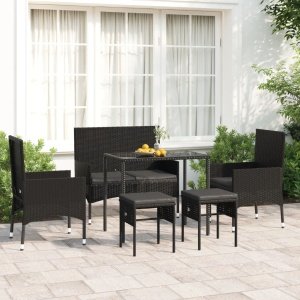 6-delige Loungeset met kussens poly rattan zwart