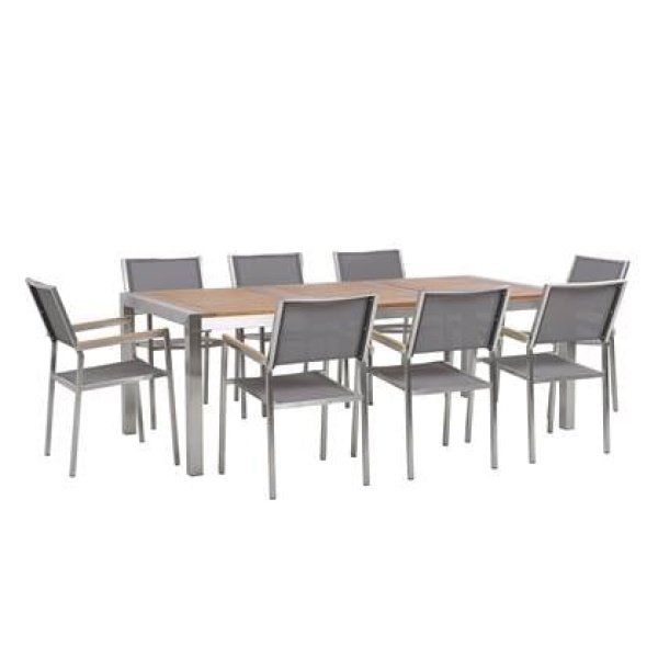 Beliani-GROSSETO -Tuinset voor 8-Licht hout|Zwart-Eucalyptushout|RVS
