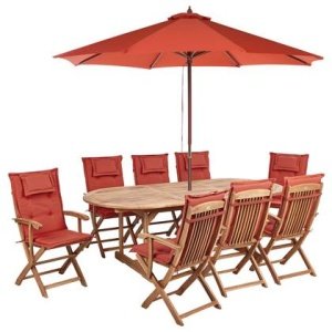 Beliani-MAUI II-Tuinset voor 8 met parasol-Lichthout|Rood-Acaciahout