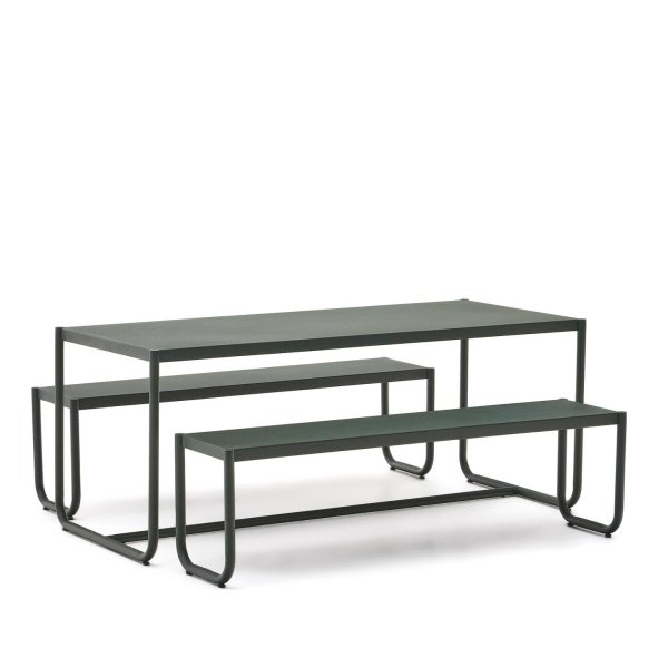 Kave Home Picknickset Sotil Met tuintafel en 2 tuinbanken - Donkergroen
