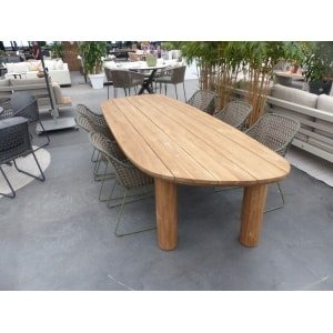 Set Tirrena tafel 300x112x76 cm teak en 6 Alessio stoelen groen incl. kussen - Max luuk