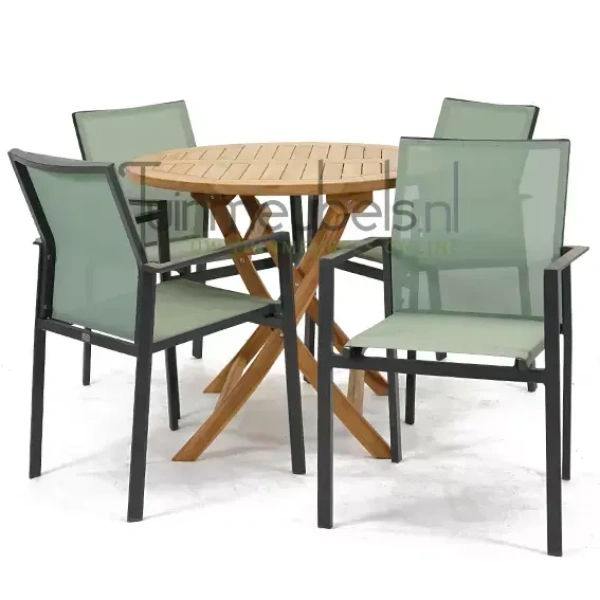 Tuinset Delia amandel stapelbaar met Milton tafel rond 90