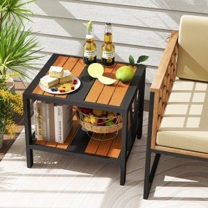 Bijzettafel voor Buiten met Gat voor Parasol Metalen Terrastafel met 2 Niveaus en Opbergplank Kleine Bistrotafel voor Balkon Terras