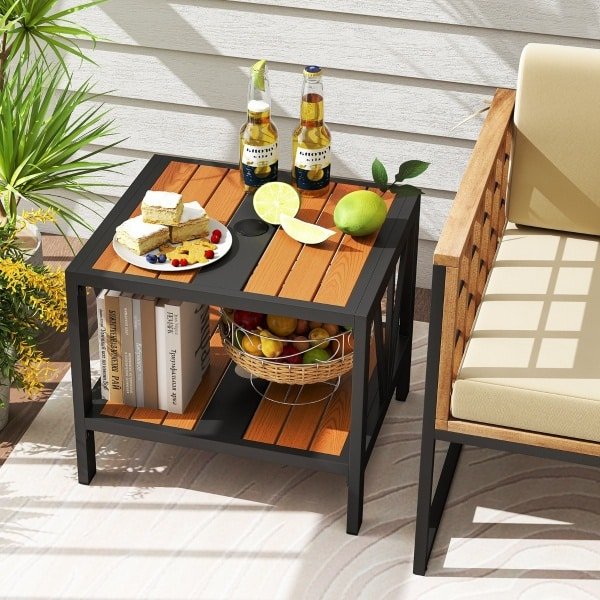 Bijzettafel voor Buiten met Gat voor Parasol Metalen Terrastafel met 2 Niveaus en Opbergplank Kleine Bistrotafel voor Balkon Terras