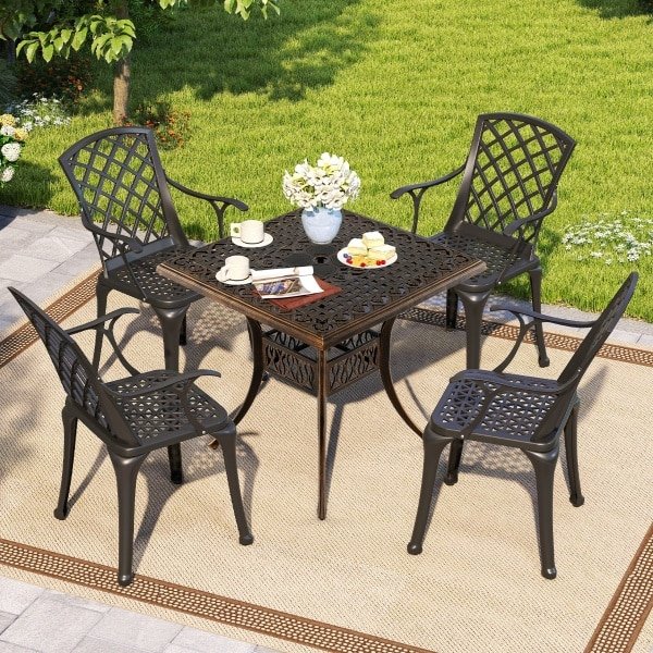 Gegoten Aluminium Terrastafel Antieke Tuintafel Voor Vier Personen met Parasolgat Van 4,8 cm 80 × 80 × 75 cm