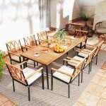Tuintafel 200 CM voor 8 Personen Buitentafel van Acaciahout met Parasolgat Ø 5 CM Lamellenblad Metalen Poten Tuin- en Terrasmeubelen