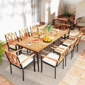 Tuintafel 200 CM voor 8 Personen Buitentafel van Acaciahout met Parasolgat Ø 5 CM Lamellenblad Metalen Poten Tuin- en Terrasmeubelen