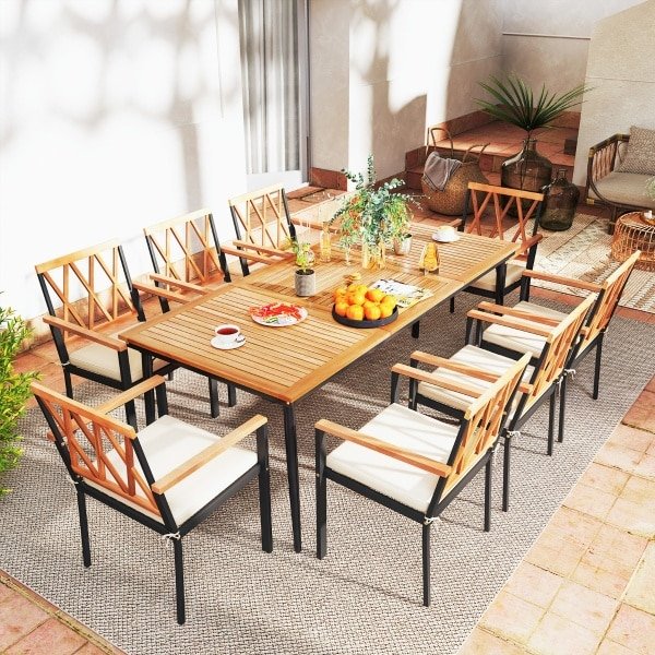 Tuintafel 200 CM voor 8 Personen Buitentafel van Acaciahout met Parasolgat Ø 5 CM Lamellenblad Metalen Poten Tuin- en Terrasmeubelen