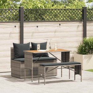 3-delige tuinset met kussens, grijs polyrotan