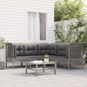 5-delige Loungeset met kussens poly rattan grijs