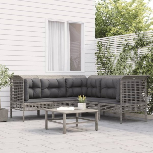5-delige Loungeset met kussens poly rattan grijs