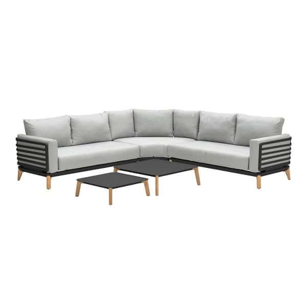 Carmen loungeset 5-dlg c. black/ grijs/ teak look - Garden impressions